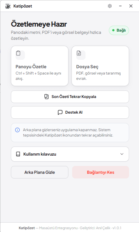Katipözet Kurumsal penceresi: Özetlemeye Hazır ekranı, Panoyu Özetle ve Dosya Seç kartları