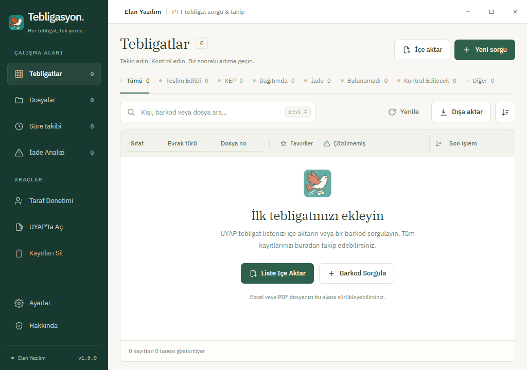 Tebligasyon ilk açılış ekranı: liste içe aktarma ve barkod sorgulama seçenekleri